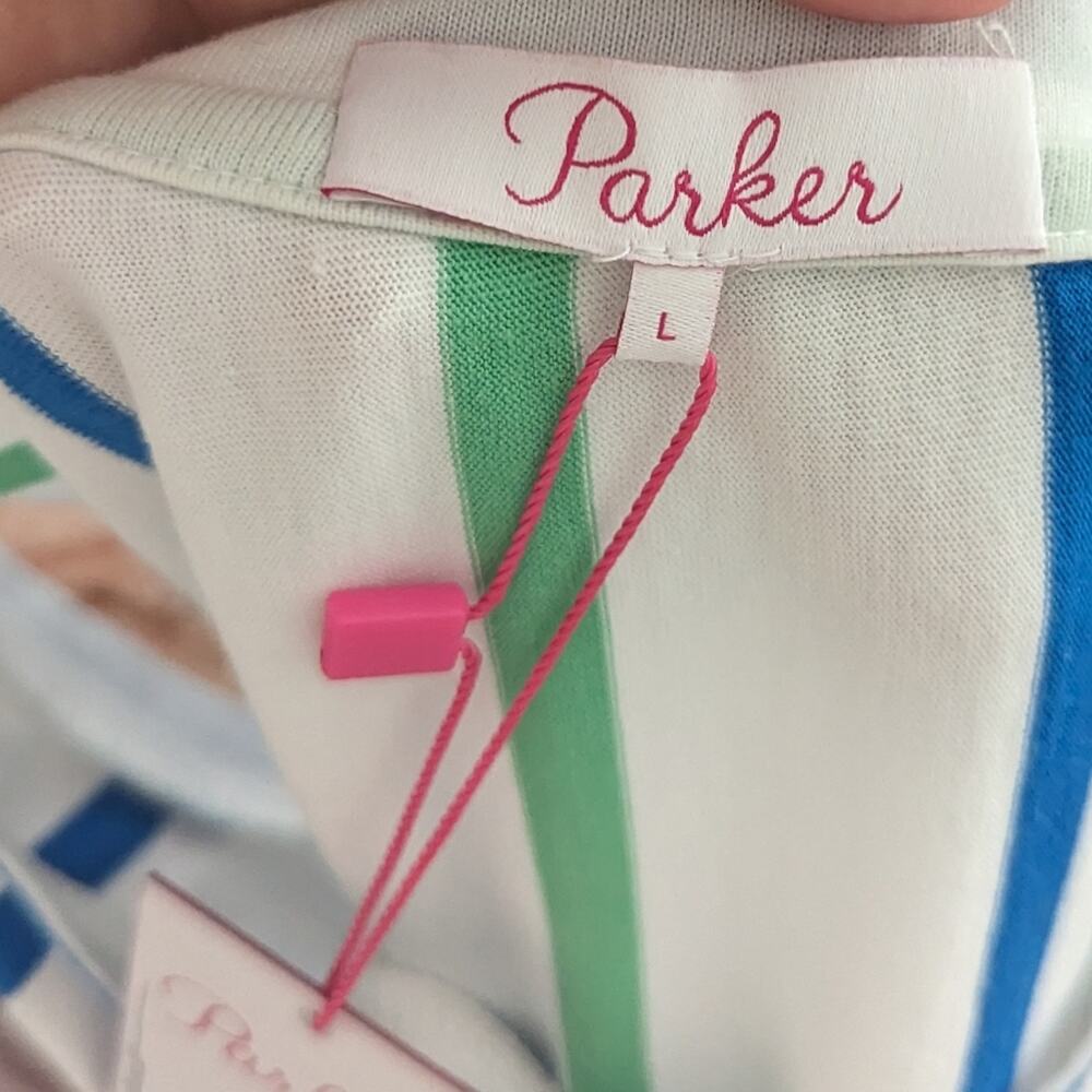 NEW Parker Bodycon Stripe Ruffle Dress White Blue Green Large - Picture 4 of 10